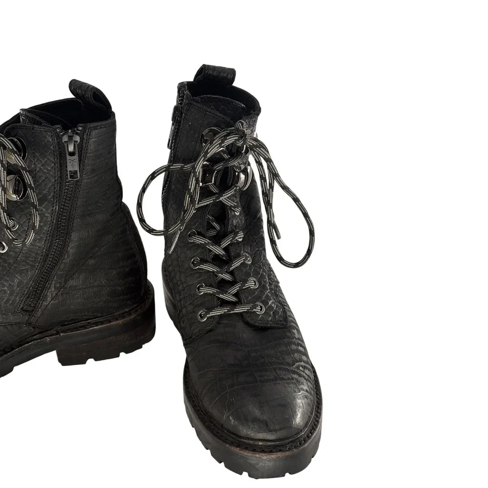 Frye Boots Combat‎ Julie Hook Crocodile Embossed Women 5.5 Black Leather Lace Up